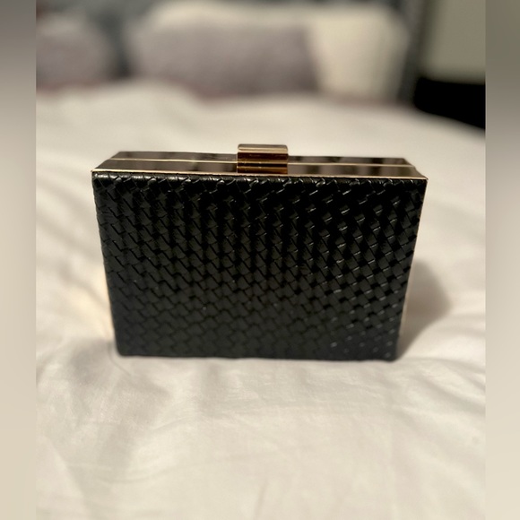 Natasha Couture Handbags - ❤️Natasha Couture Black Woven Leather Clutch, Gold Chain NWOT